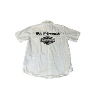 Harley-Davidson Y2K White Button Up Shirt Mens M Short Sleeve Bar Shield Logo